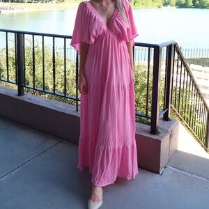 Pink Flutter Sleeve Maxi Dress | Sunnow